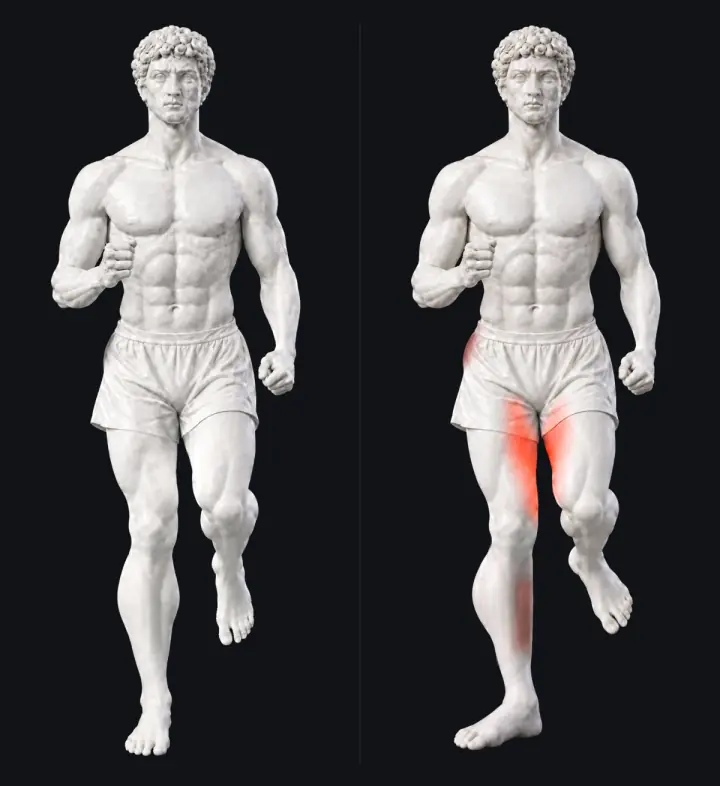 Two marble statues of a runner, seen from the front. Left, feet forward: both feet point straight ahead and no muscle glows. Right, feet turned out: the planted foot points out, the inner thigh and knee glow red (tight) and the inner calf glows a dimmer red (asleep).