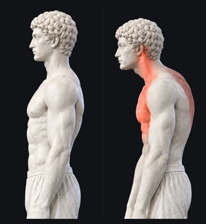 Two marble statues from the side, close on the head and shoulders. Left: the ear sits over the shoulder and nothing glows. Right: the head has slid forward and the shoulders round, the chest and the back of the neck glow red (tight), and the upper back glows a dimmer red (asleep).