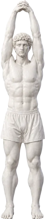 The marble statue reaching both arms overhead from the front: arms by the ears, ribs down.