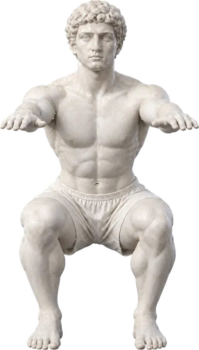 The marble statue in a deep squat from the front: feet straight, each knee over the second toe.