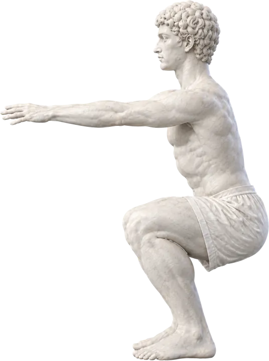 The marble statue in a deep squat from the side: heels down, back neutral, arms reaching forward.