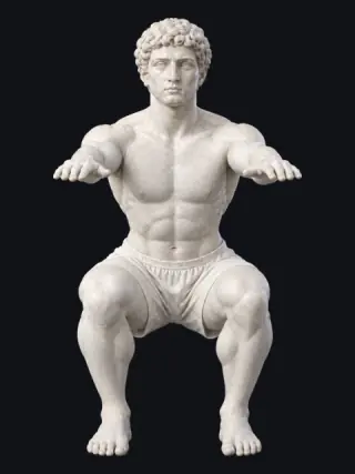 A marble statue in a deep squat seen from the front: heels down, feet close to straight, each knee over its foot, arms reaching forward.