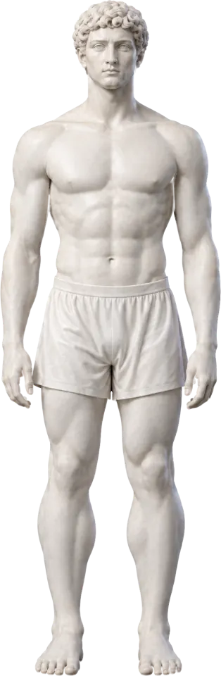 The marble statue standing tall from the front, feet pointing straight ahead.