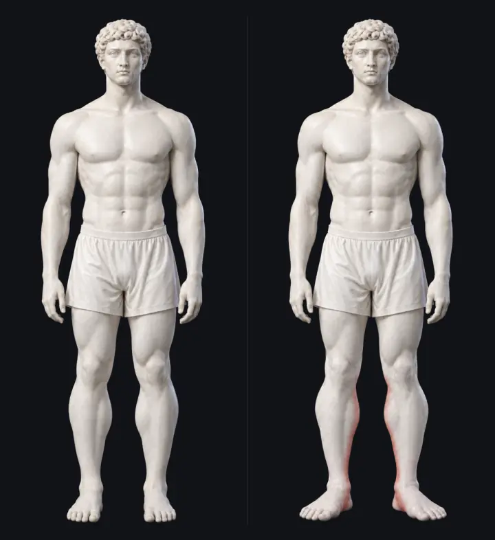 Two marble statues standing, seen from the front. Left: both feet point straight ahead and nothing glows. Right: the feet turn out, the arches drop and the inner calves and ankles glow a dimmer red (asleep).
